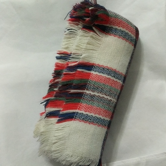Cream, Red, Green, Blue Plaid Woven Blanket Scarf with Fringe - Picture 2 of 2